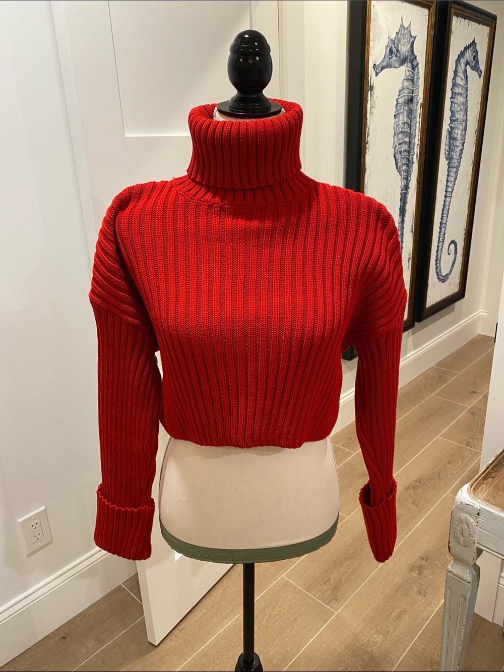 Zara Red Ribbed Cropped Turtleneck Sweater